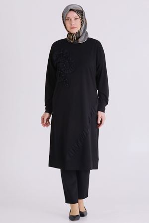 Büyük Beden Tesettür İşlemeli Tunik 20133 Siyah