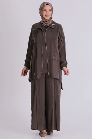 Büyük Beden Tesettür Cupro Üçlü Pantolonlu Takım 70021 Koyu Vizon