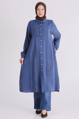 Büyük Beden Tesettür İşlemeli Tunik 2359 İndigo