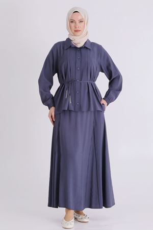 Büyük Beden Tesettür Etekli Takım 3801 Duman Mavi