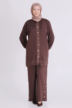 Büyük Beden Tesettür Pantolonlu Takım 3558 Kahve