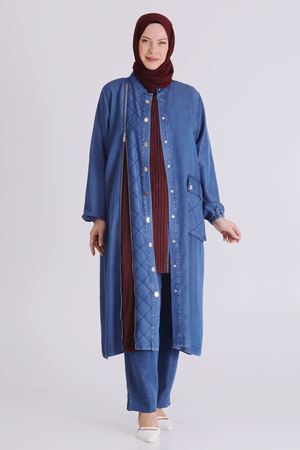 Büyük Beden Tesettür Pantolonlu Üçlü Tensel Takım 70020 Koyu Mavi
