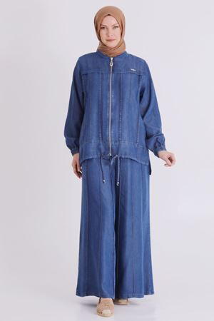 Büyük Beden Tesettür Pantolonlu Tensel Kot Takım 35141 Koyu Mavi
