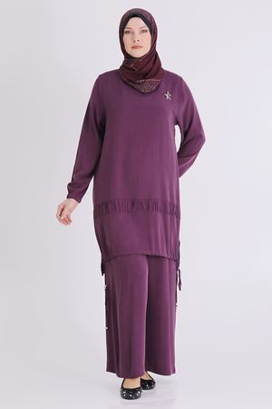 Büyük Beden Tesettür Pantolonlu Takım 3556 Vişne