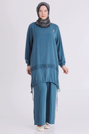 Büyük Beden Tesettür Pantolonlu Takım 3556 Petrol