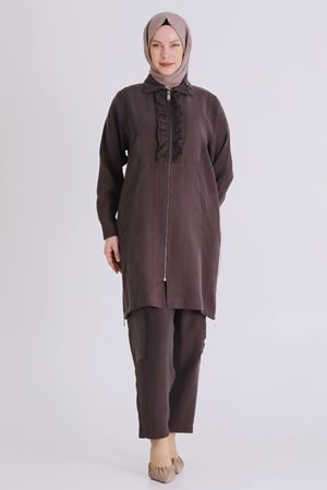 Büyük Beden Tesettür Pantolonlu Takım 35146 Kakao