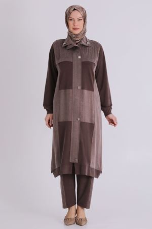 Büyük Beden Tesettür Pantolonlu Takım 35145 Kahve