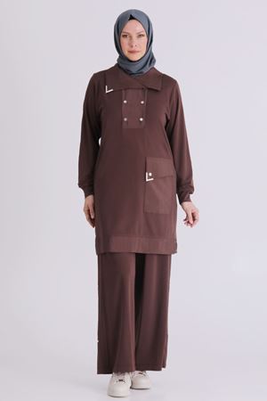 Büyük Beden Tesettür Pantolonlu Takım 35143 Kahve