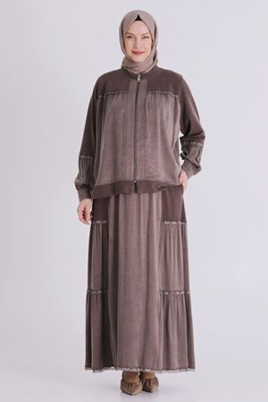 Büyük Beden Tesettür Etekli Takım 38002 Kahve