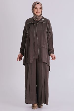 Büyük Beden Tesettür Cupro Üçlü Pantolonlu Takım 70021 Koyu Vizon