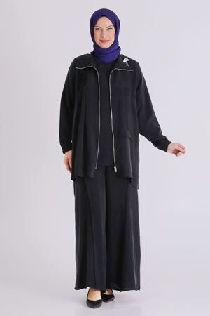 Büyük Beden Tesettür Cupro Üçlü Pantolonlu Takım 70021 Siyah