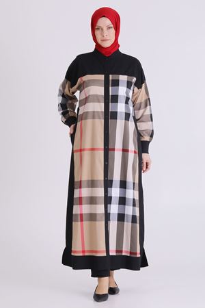 Büyük Beden Tesettür Ekoseli Düğmeli Ferace 2826 Bej