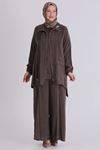 Büyük Beden Tesettür Cupro Üçlü Pantolonlu Takım 70021 Koyu Vizon