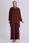 Büyük Beden Tesettür Cupro Üçlü Pantolonlu Takım 70021 Yakut
